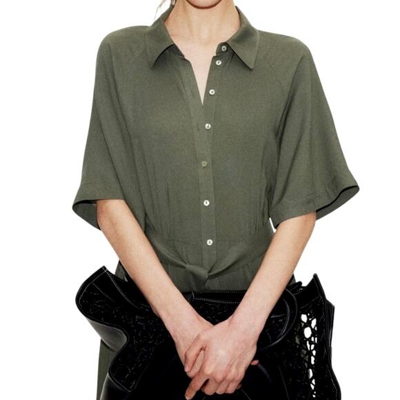 H&M Women's Medium Green Short Sleeve Tie-Belt Collar Button Up Midi Shirt Dress - Picture 2 of 6